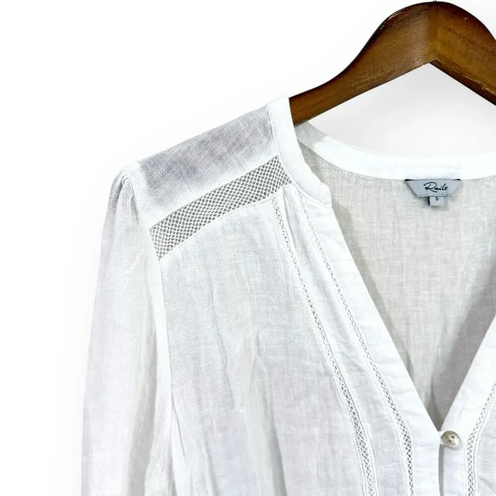 Rails Jasmine White Lace Detail Dress Linen Blend Long Sleeve Womens Size Small - Picture 11 of 14